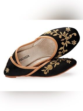 Marina FUCHSIA Black Velvet Gold Embroidered Handmade Beaded Flat Women 9W